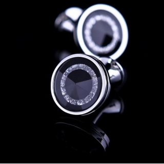 Boutons de manchette rond noir et strass monture argent "Santa Clara"