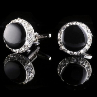 Boutons de manchette rond noir et strass monture argent "Santa Rosa"