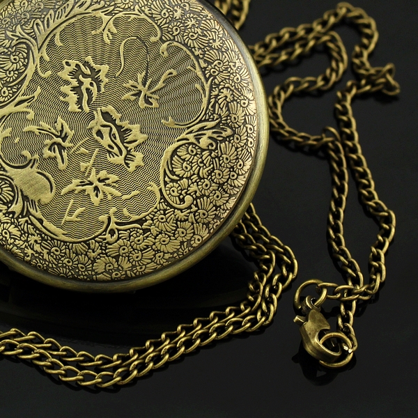 Montre De Poche Vintage En Bois Et Alliage - Chiffres Romains, Verre Transparent - Chaîne Incluse